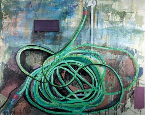 A TANGLED HOSEPIPE WITH A PURPLE RECTANGLE painting