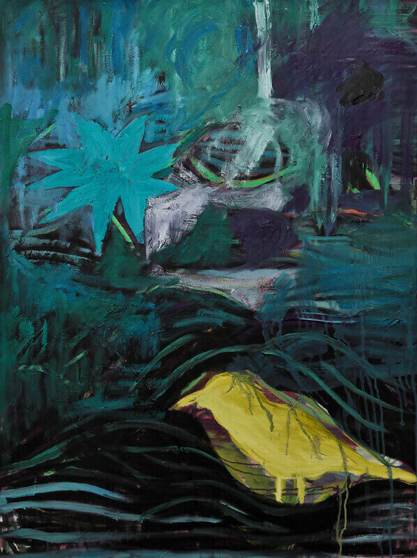 BIRD IN YELLOW WITH DRIPS OF PAINT painting