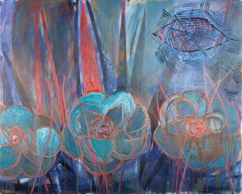 BLUE CAMELLIAS AND A WEBBED LEAF painting