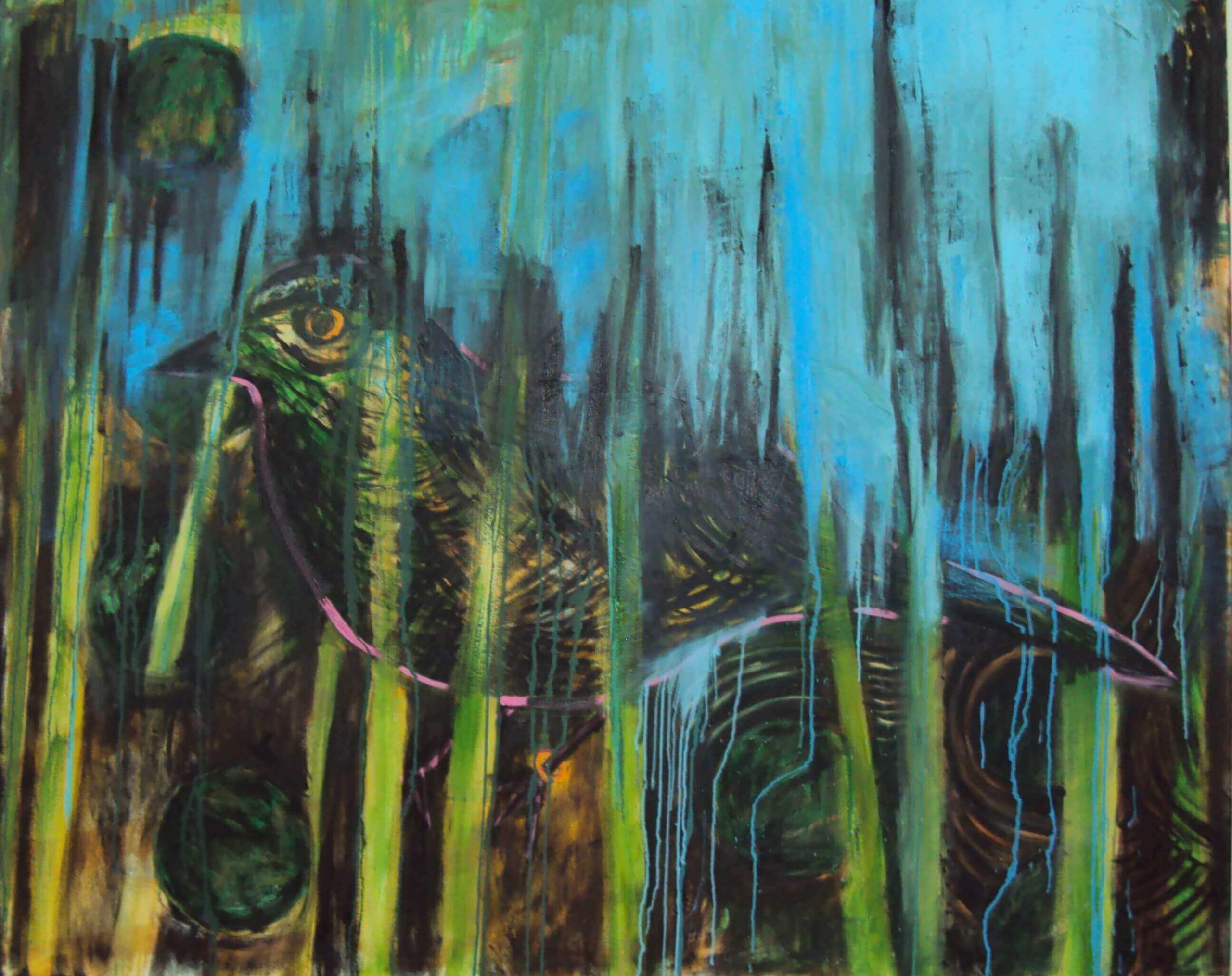 CERULEAN PAINTED MARKS DRIPPING OVER A BIRD painting