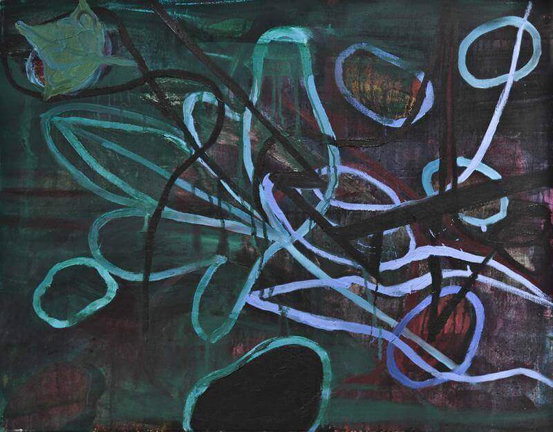 GREEN LEAF AND BLUE PEBBLES painting