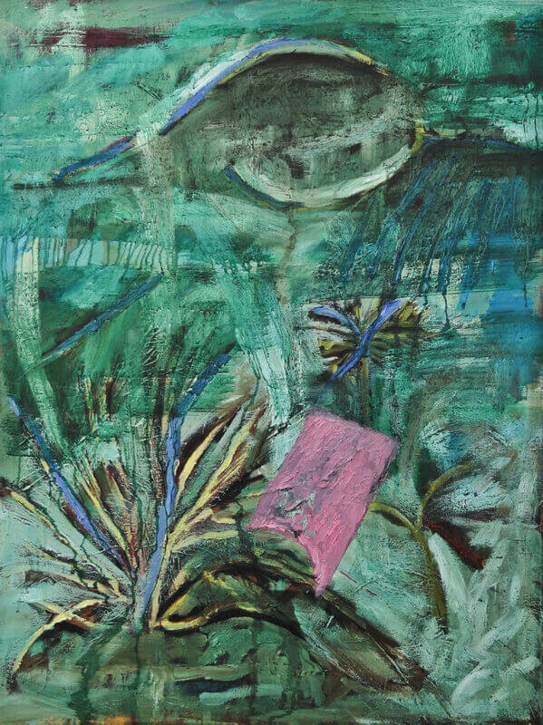 PINK RECTANGLE IN A SWAMP OF GREEN PAINT painting